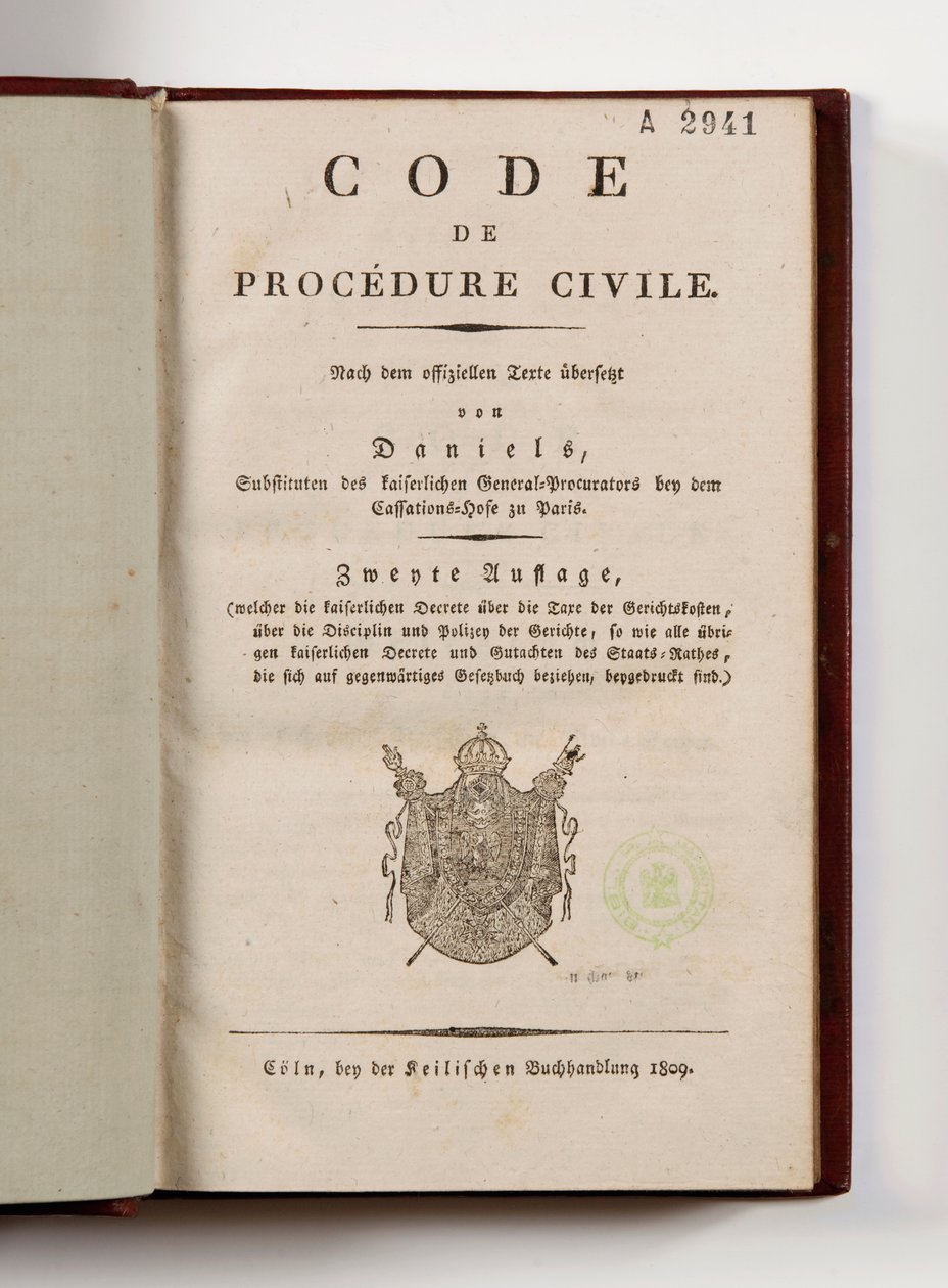 Código napoleónico de procedimiento civil para los departamentos franceses de la orilla izquierda del Rin, abierto en la portada, Colonia, 1809 (papel impreso) de German School