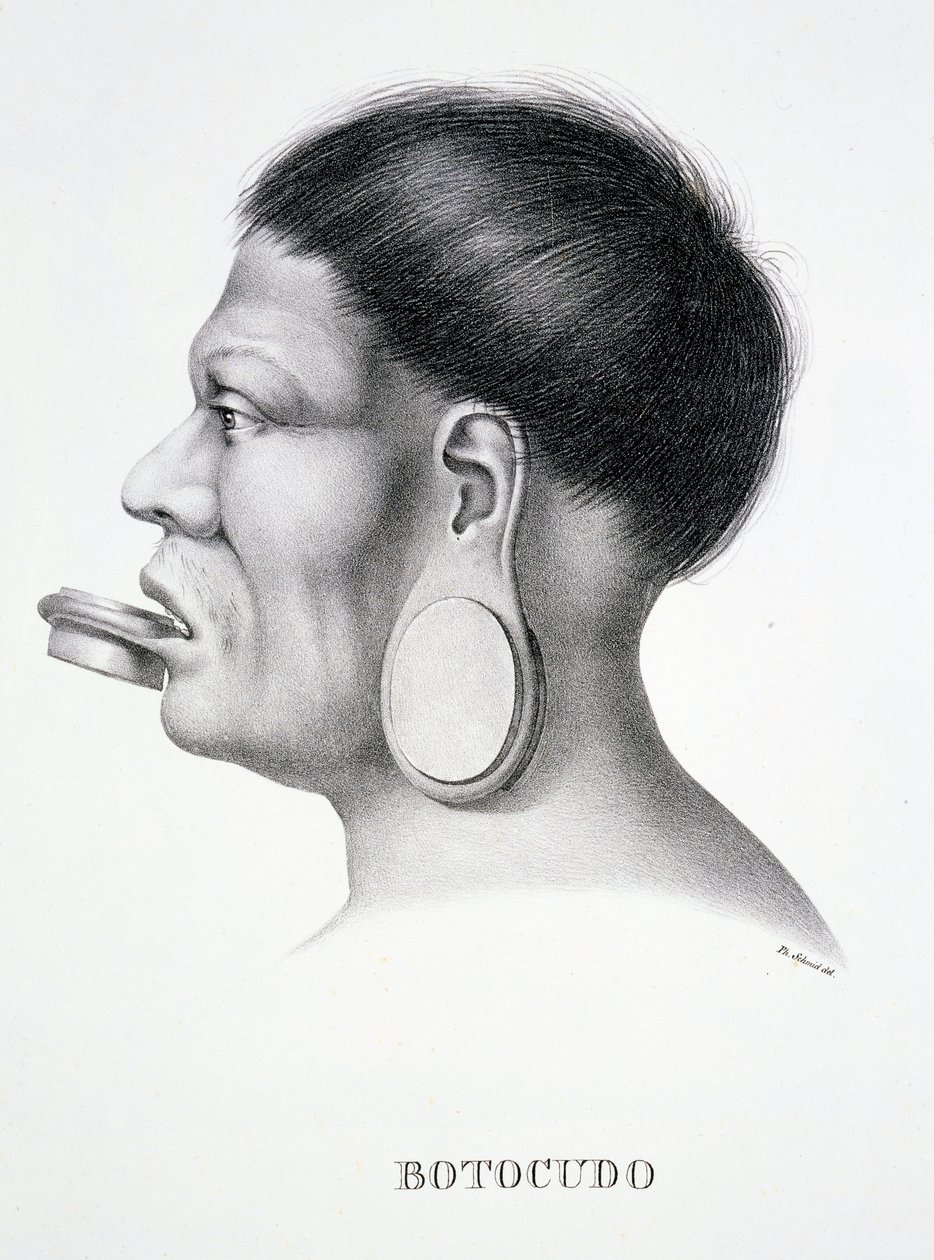 Hombre nativo de la tribu Botocudo, con decoración facial de tapón, del Atlas de un viaje en Brasil por Dr. von Spix y Dr. von Martius de German School