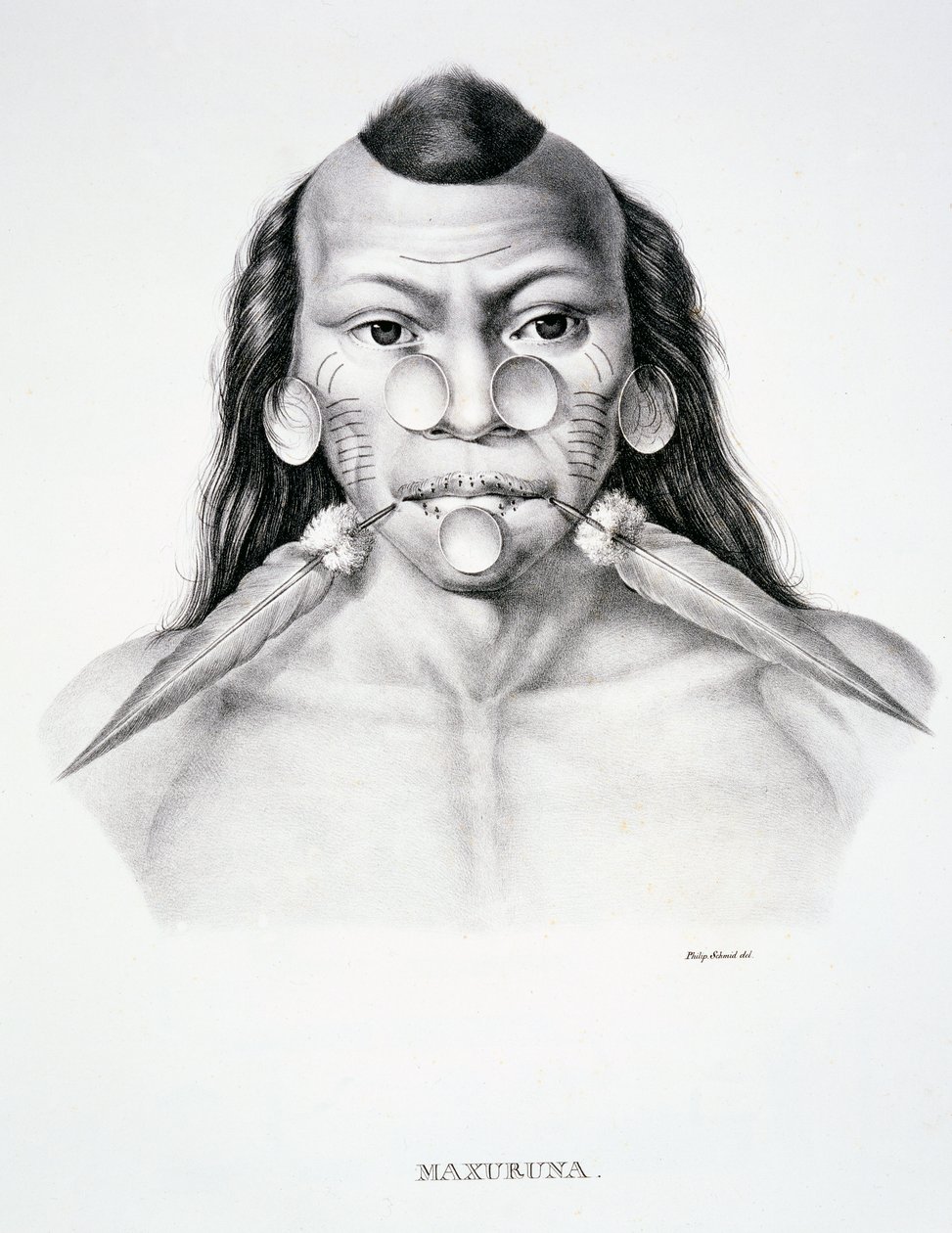 Hombre nativo de la tribu Maxuruna, con decoración facial, del Atlas de un viaje en Brasil por Dr. von Spix y Dr. von Martius de German School