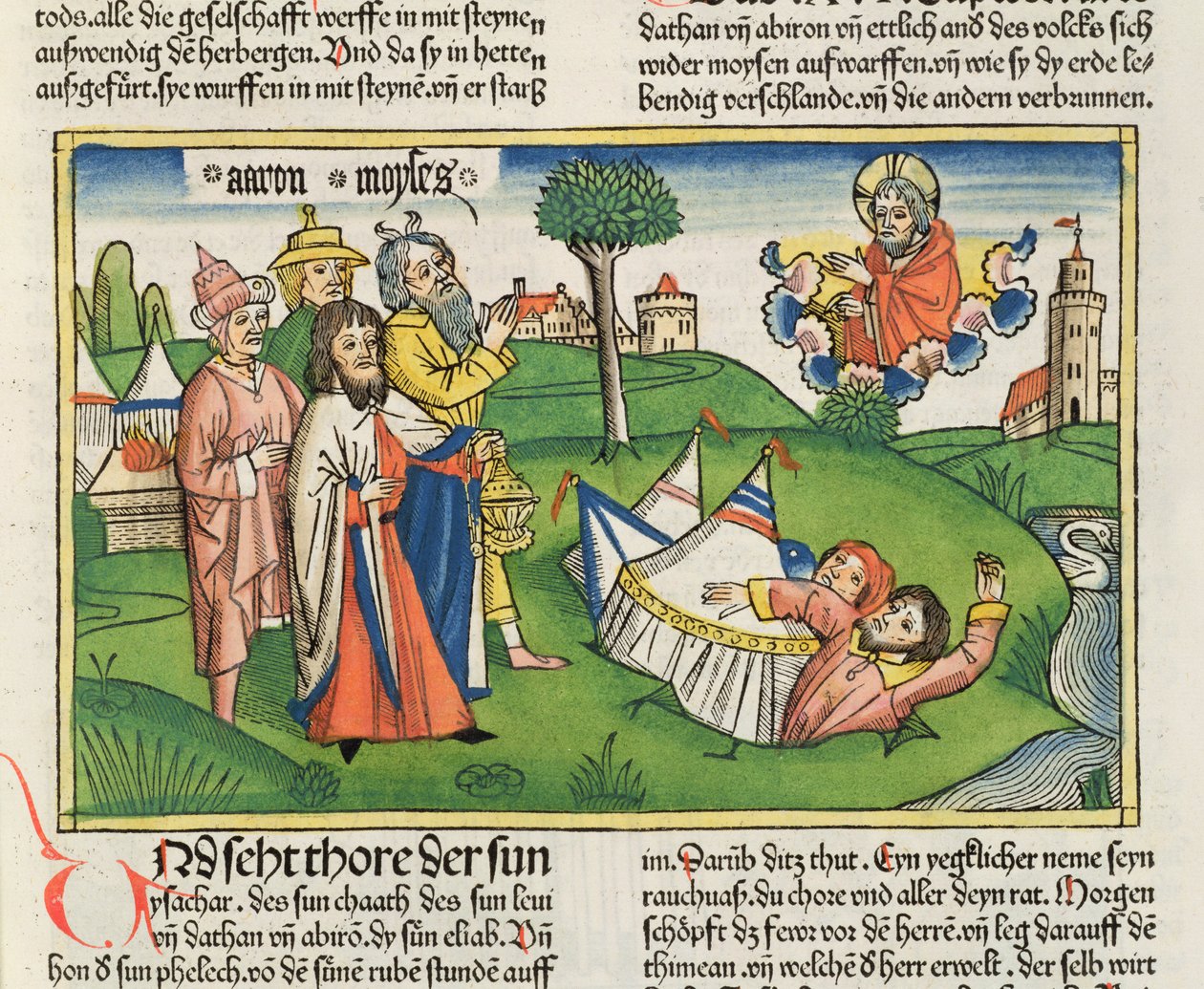 Números 16:32 La Tierra traga a los rebeldes Datán y Abiram, de la Biblia de Núremberg (Biblia Sacra Germanaica) de German School