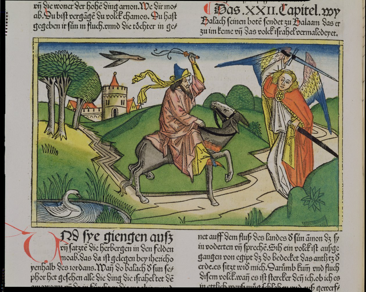 Números 22:20-35 El asno parlante de Balaam, de la Biblia de Núremberg (Biblia Sacra Germanaica) de German School