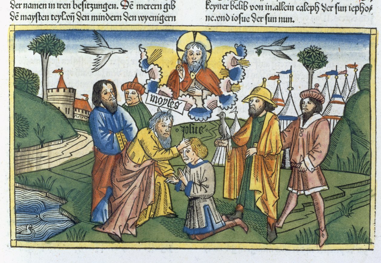 Números 27:18-23 Moisés impone su mano sobre Josué, de la Biblia de Núremberg (Biblia Sacra Germanaica) de German School