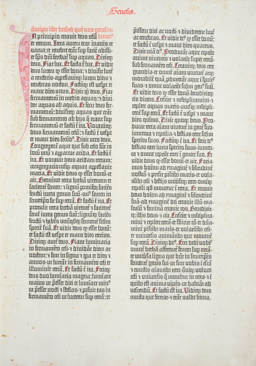 Página de apertura del libro del Génesis de la Biblia de Gutenberg, impresa por Johannes Gutenberg (c.1400-68) y Peter Schoeffer (1425-1502) en Maguncia, 1454-56 de German School