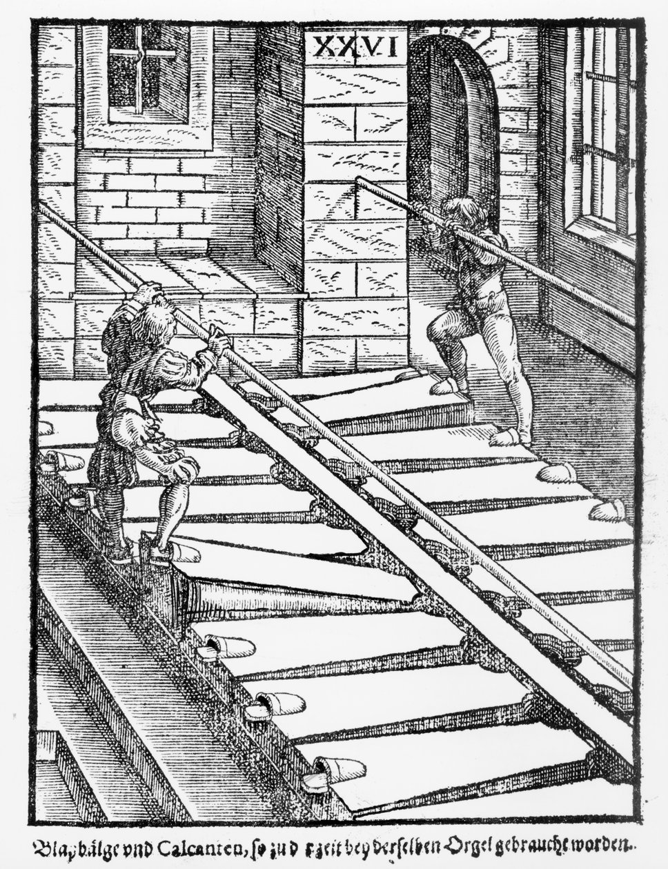 Fuelles y sopladores de órgano en la Catedral de Halberstadt, de Praetorious Syntagma Musicum, pub. en 1619 de German School