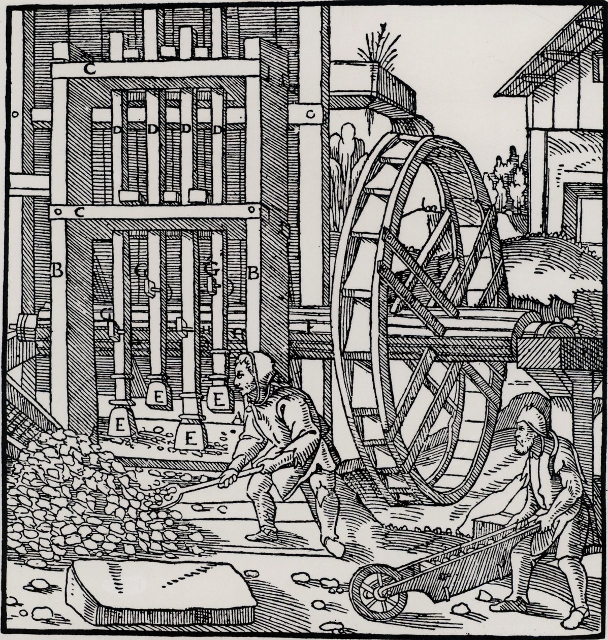 Rueda hidráulica en voladizo, de "De Re Metallica" de Georgius Agricola de German School
