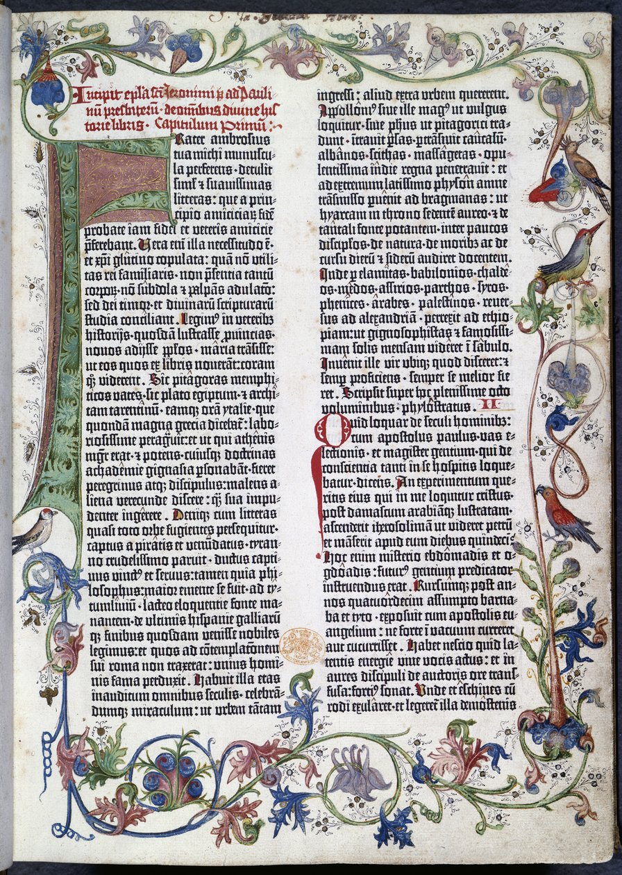 Página de la Biblia de Gutenberg, con iluminación de Erfurt de German School