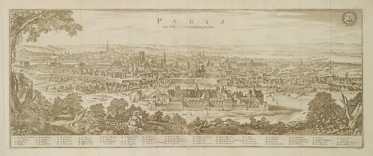 Vista panorámica de París en 1620, de Topographia Galliae por Martin Zeiller (1589-1661) publicada en 1655 de German School