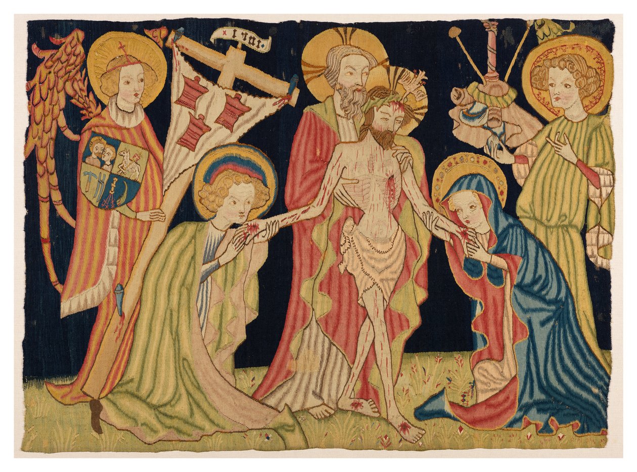 Parte del tapiz frontal del altar que representa a la Santísima Trinidad, la Virgen, San Juan y dos ángeles, de Nuremberg, c.1420 (lana y lino) de German School