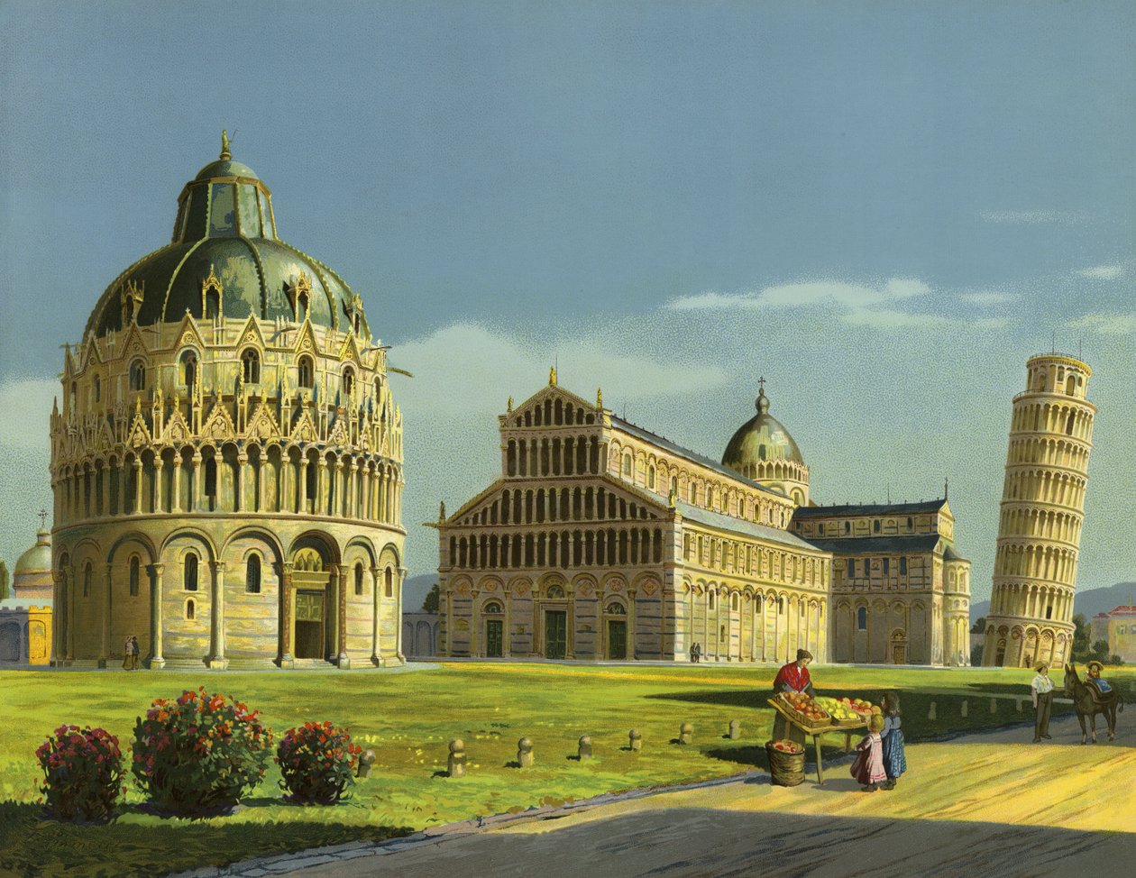Pisa, Baptisterio, Catedral, Torre inclinada (cromolito) de German School