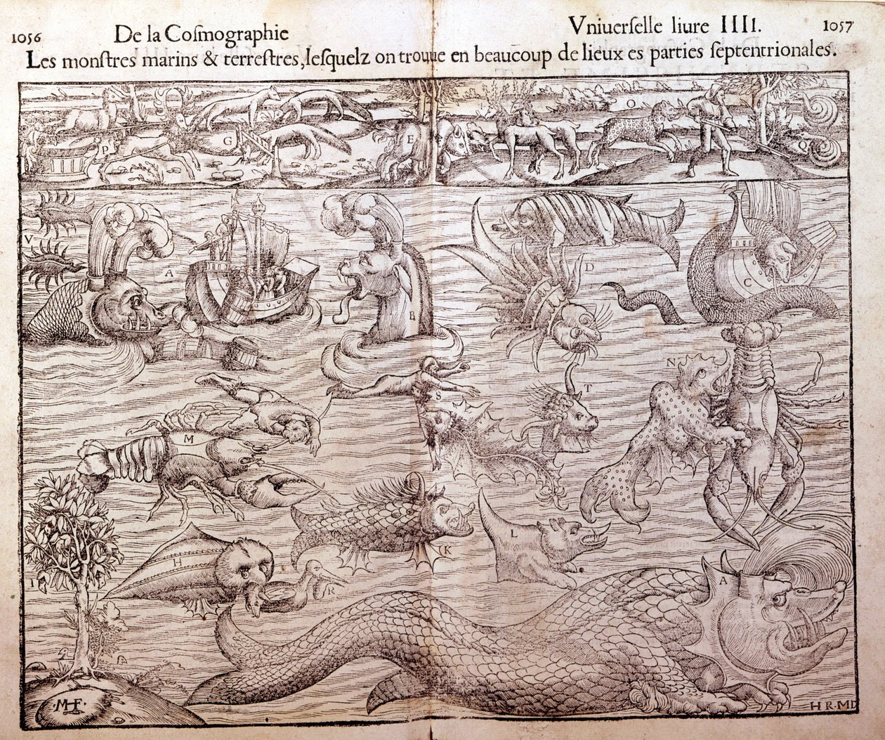 Placa que representa todos los tipos de monstruos marinos y terrestres encontrados en regiones del norte: Xilografía tomada de la Cosmografía Universal de Sebastien Munster. Bale de German School