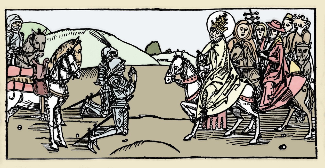 El Papa León I se encuentra con Atila y el Arrete - Invasiones bárbaras - Grabado de 