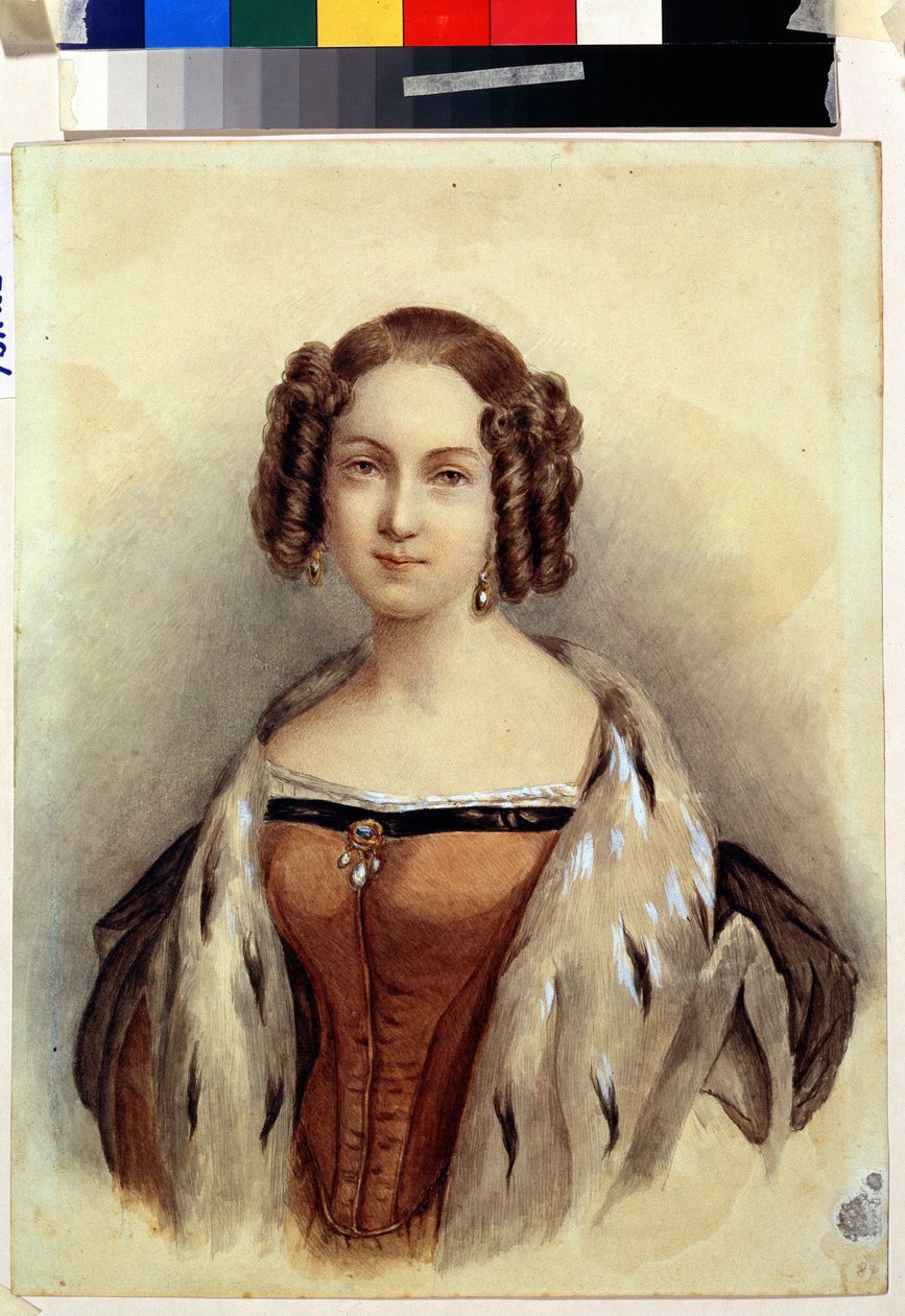 Retrato de la princesa María de Hesse y el Rin (1824-1880), que será emperatriz de Rusia (Retrato de la princesa María de Hesse y el Rin, futura emperatriz de Rusia). Pintura anónima. Acuarela sobre papel, 39,3 x 23 cm, finales de 1830. Arte alemán de German School
