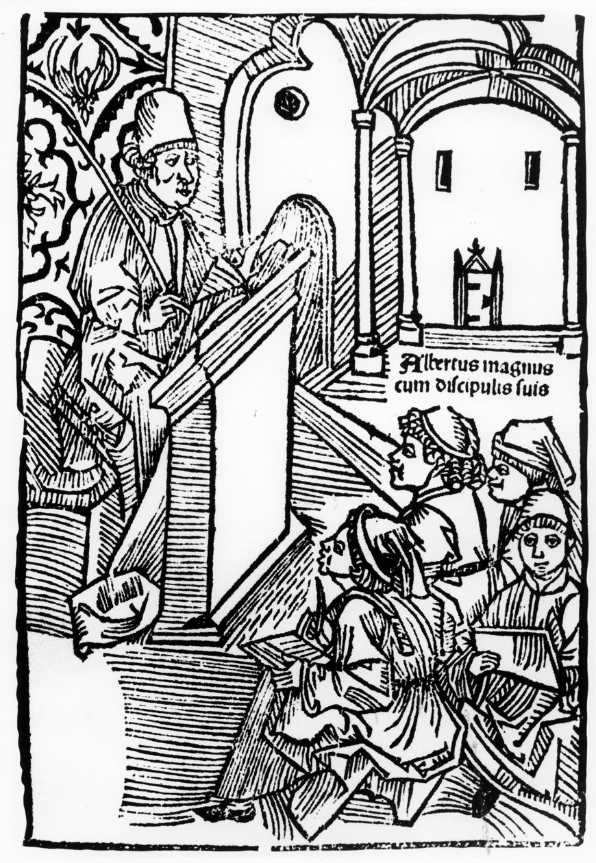 Retrato de Albertus Magnus con algunos de sus alumnos, ilustración para la página de título de Epitomata, reparaciones, o la totalidad de la filosofía natural de Aristóteles por Gerardus de Harderwyck, publicado en 14 de German School