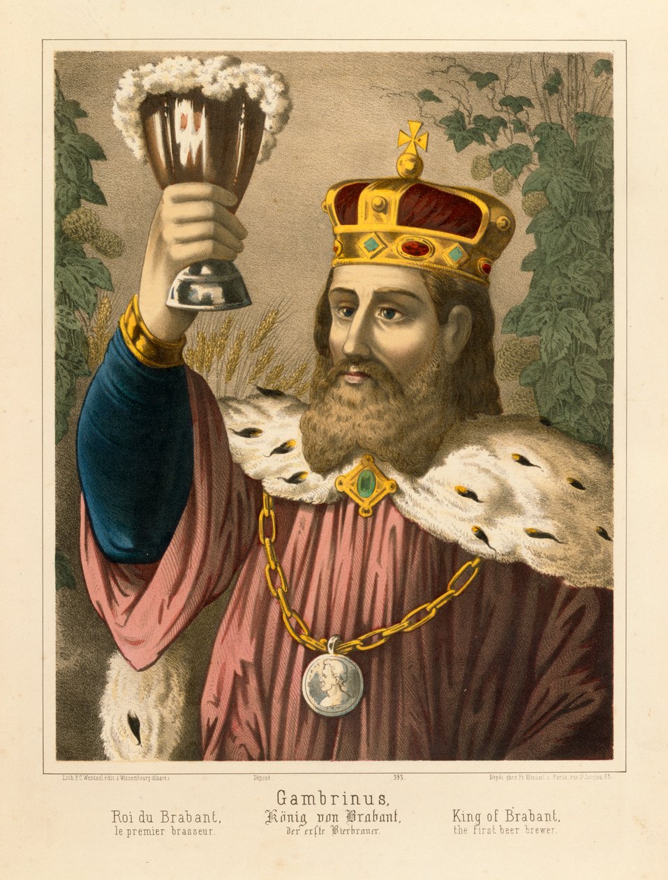 Retrato de Gambrinus, legendario rey de Flandes, hoja ilustrada publicada por F.C. Wentzel, Weissenburg, 1870 de German School