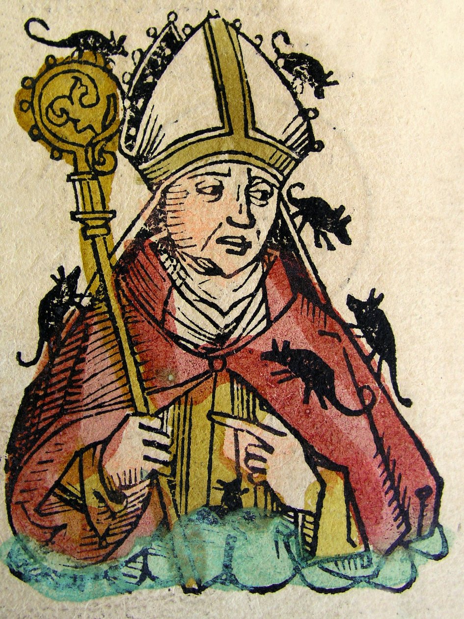 Retrato de Hatto, el Arzobispo de Maguncia siendo devorado vivo por ratones, publicado en la Crónica de Núremberg, 1493 de German School