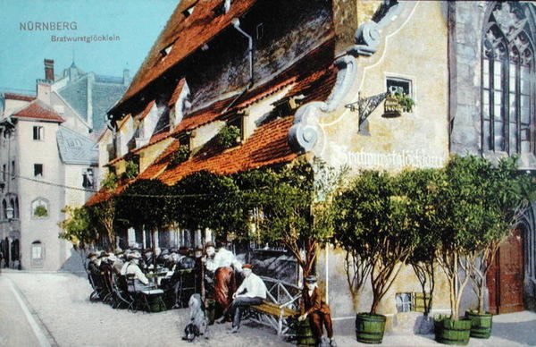 Postal que representa el restaurante Bratwurstglocklein en Núremberg, antes de 1914 de German School