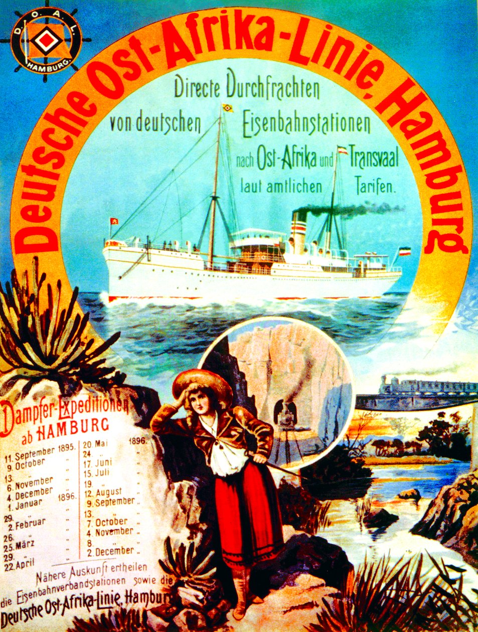 Póster publicitario de la Línea de África Oriental Alemana, Hamburgo, 1895 de German School
