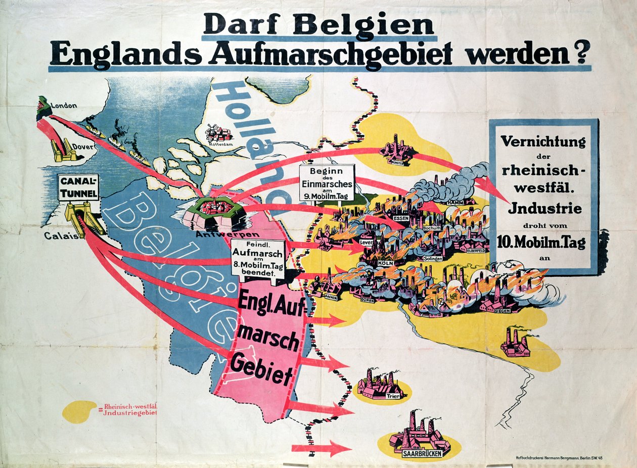 Póster que expresa la ansiedad alemana sobre la construcción propuesta de un túnel del Canal que une Bélgica e Inglaterra, c.1914-18 de German School