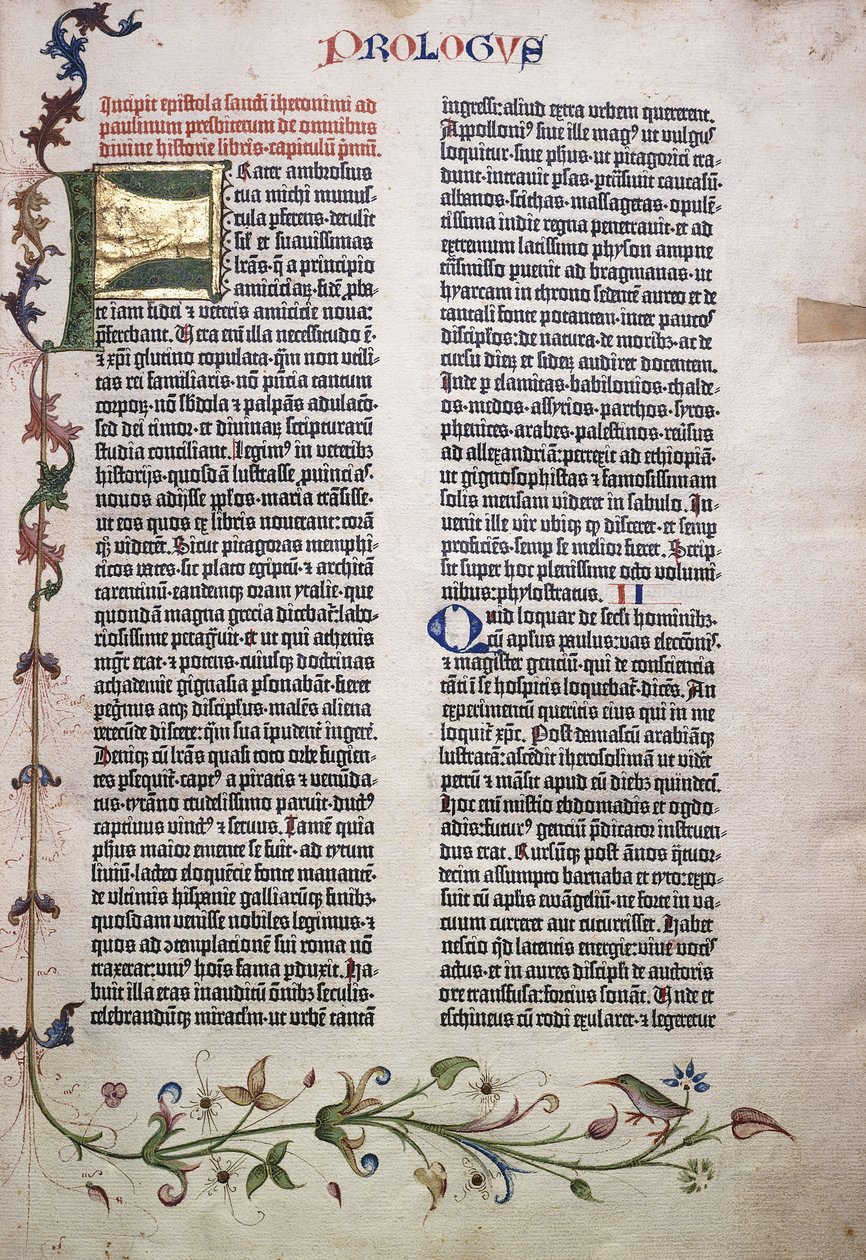 Folio de prólogo con letra "F" dorada y verde, y borde de hojas, flores, enredaderas y pájaro, 1455 de German School