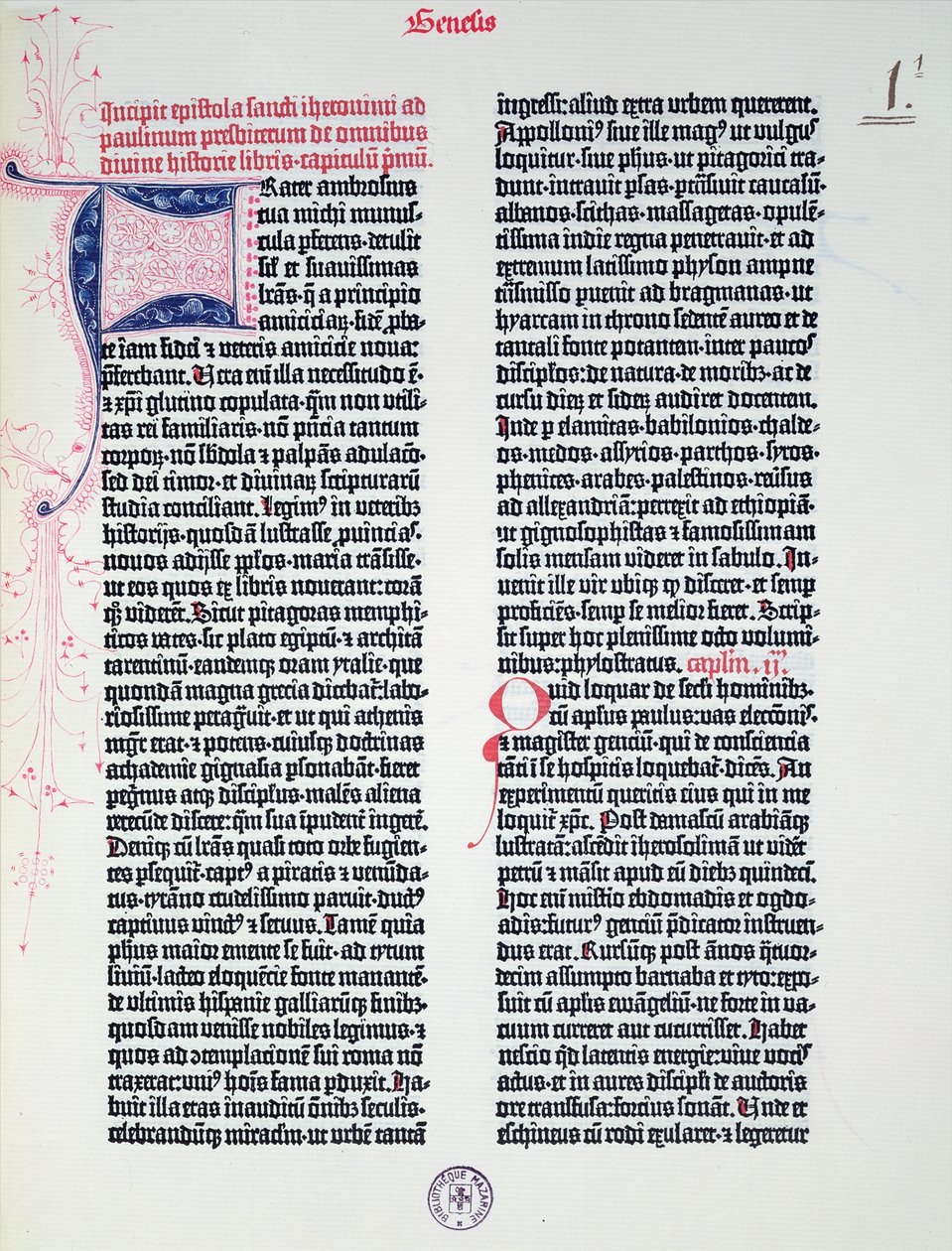 Prólogo de la Biblia de Gutenberg, impresa por Johannes Gutenberg (c.1400-68) y Peter Schoeffer (1425-1502) en Maguncia, 1454-56 de German School