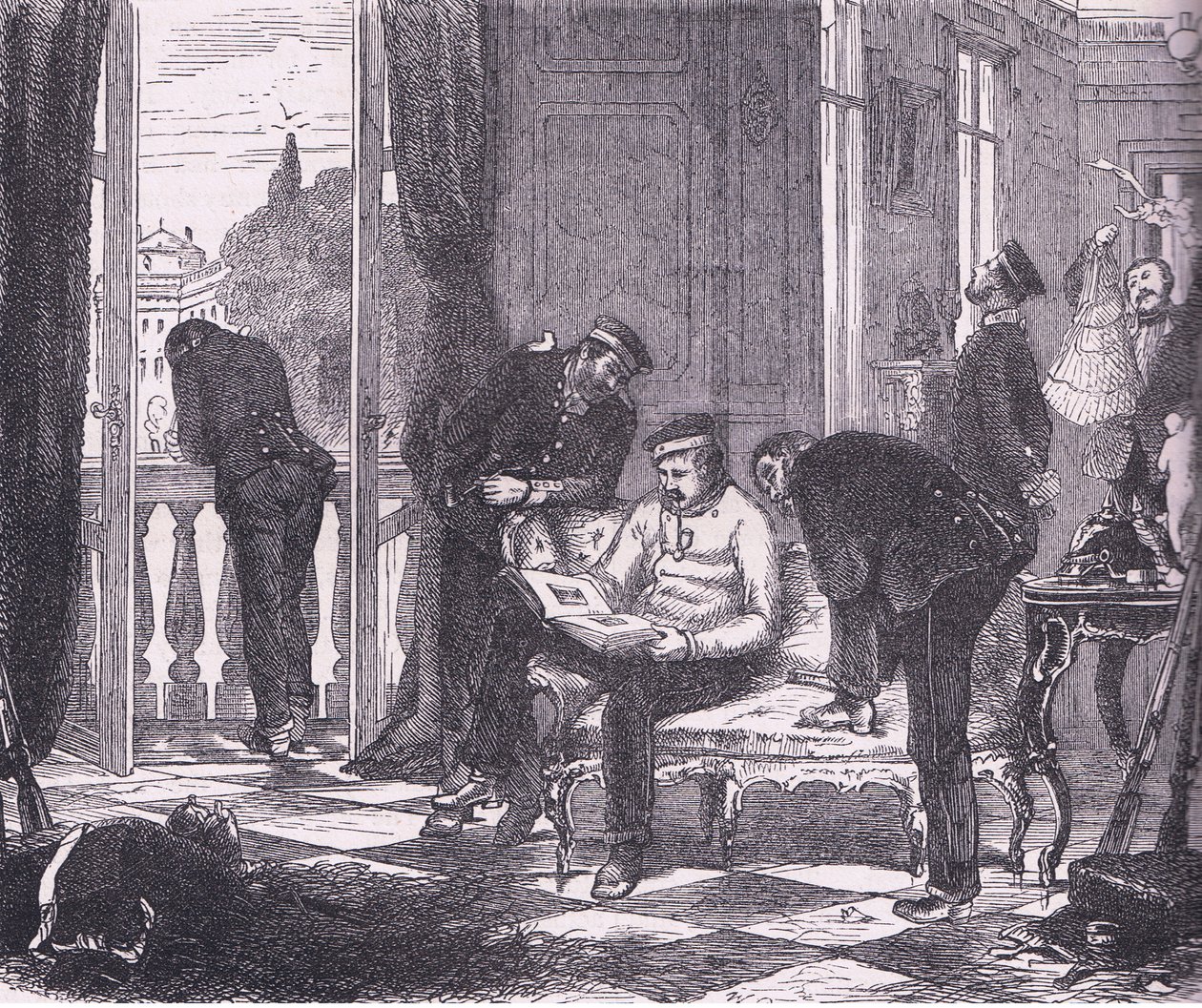 Prusianos en ocupación de una villa cerca de París, de la Historia de la Guerra entre Francia y Alemania de Cassell, publicada por Cassell and Company Limited, c.1890 de German School