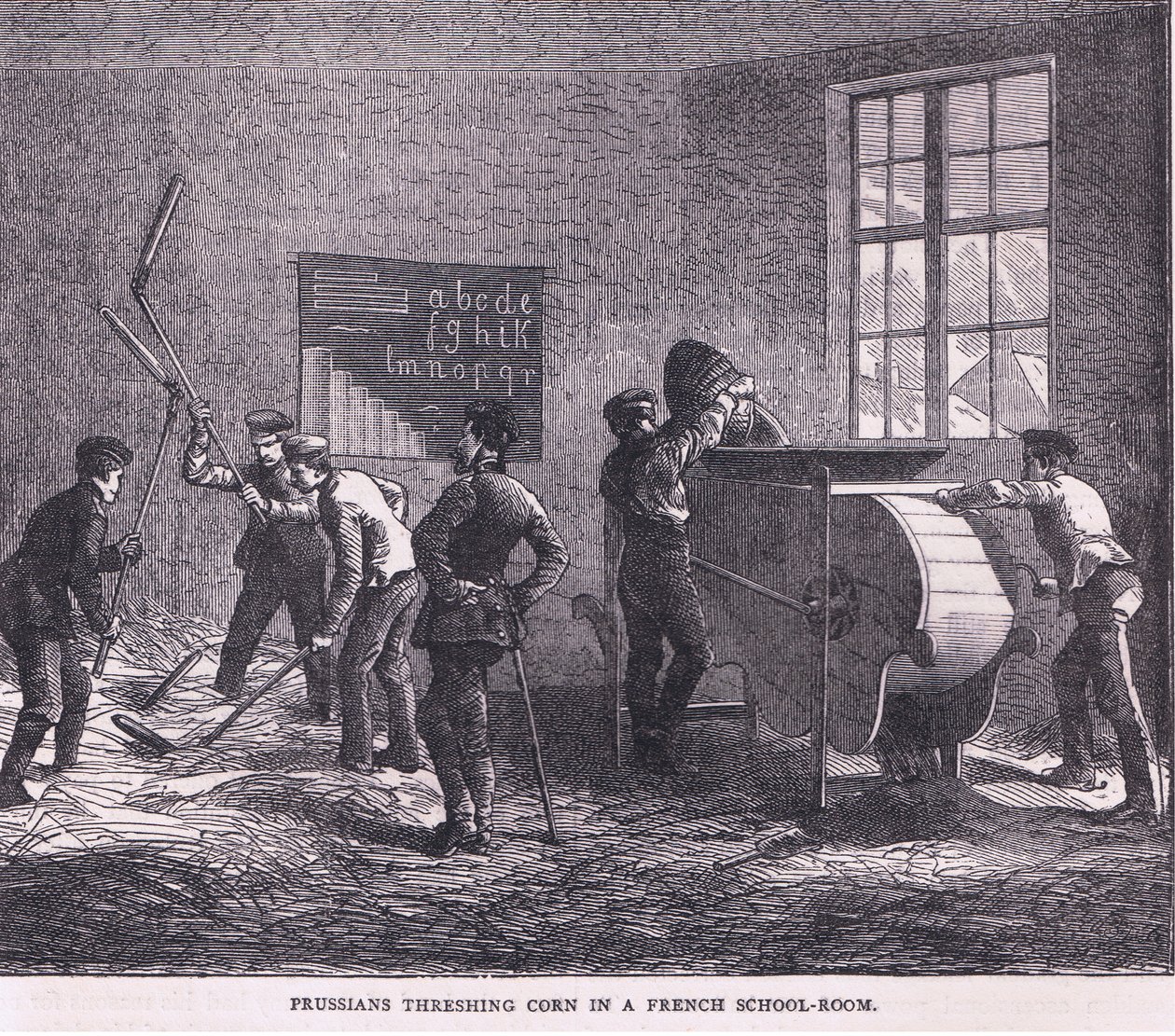Prusianos trillando maíz en una escuela francesa, Historia de la Guerra entre Francia y Alemania de Cassell publicada por Cassell and Company Limited, c.1890 de German School