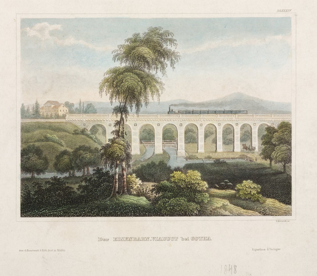 Viaducto ferroviario en Gotha, grabado por B. Metzeroth, 1848 de German School