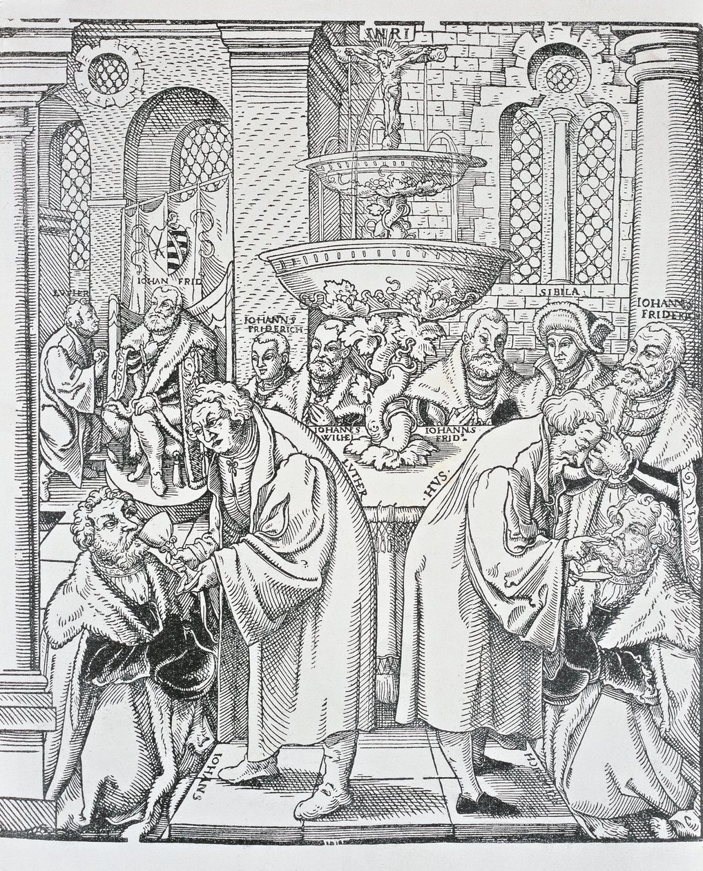 Reformadores Martín Lutero y Jan Hus administrando la Comunión de German School