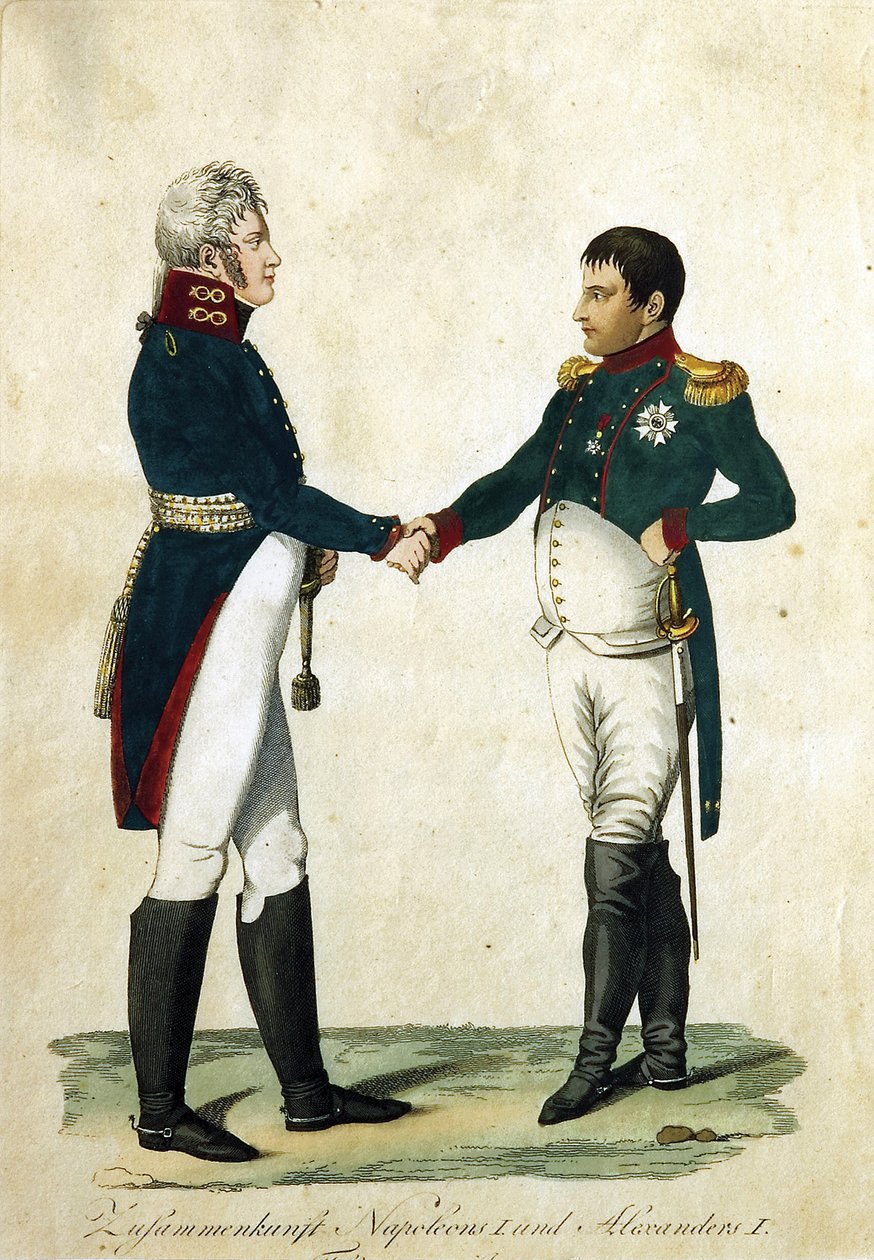 Reunión de Napoleón (1769-1821) y el Zar Alejandro I (1777-1825). (Reunión de Napoleón y Alejandro I). Obra anónima, grabado y acuarela de German School