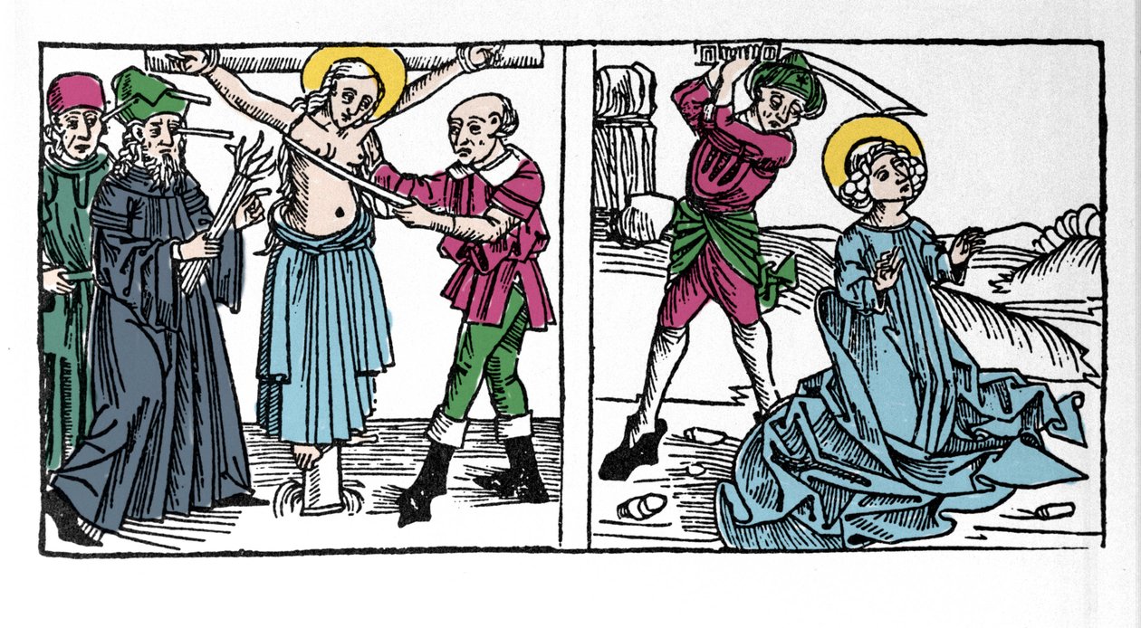 Representación del martirio de Santa Serapia (Serapia) (Serapia de Siria), cristiana del siglo II. Grabado de “Leben der Heiligen - sommerteil” (El libro de los santos) por Jacobus (James) de Voragine (1228-1298). Lübeck 1488. de German School