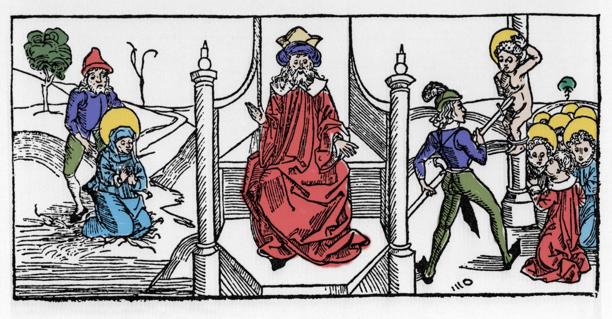 Representación del martirio de Santa Sinforosa y sus siete hijos, bajo el reinado del emperador Adriano. Grabado de Leben der Heiligen - sommerteil por Jacobus de Voragine de German School