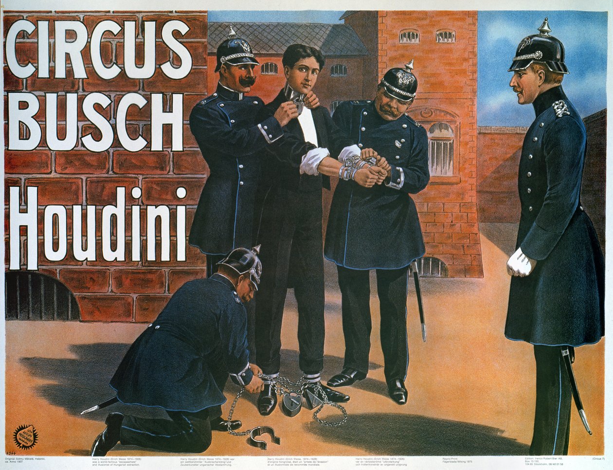 Reproducción de un cartel de 1907 mostrando a Houdini antes de escapar de una prisión alemana de German School