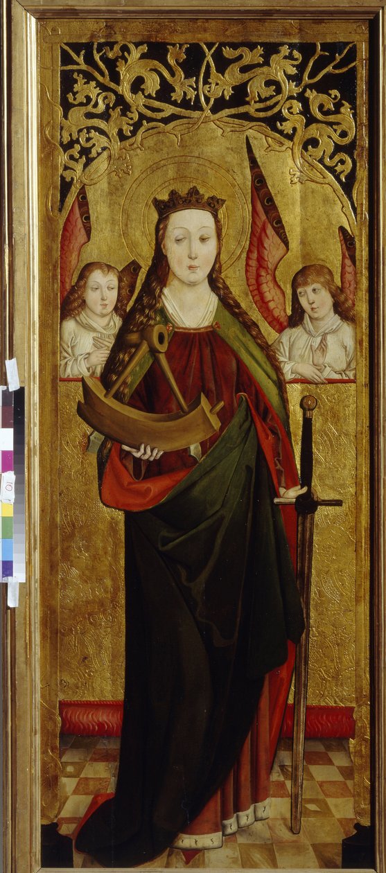 Santa Catalina de Alejandría (hacia 290-307) (Santa Catalina). Portando un trozo de la rueda de tortura de su martirio. Pintura de un maestro de Westfalia (activo entre 1470 y 1480), óleo sobre madera, hacia 1470-1480. arte alemán de German School