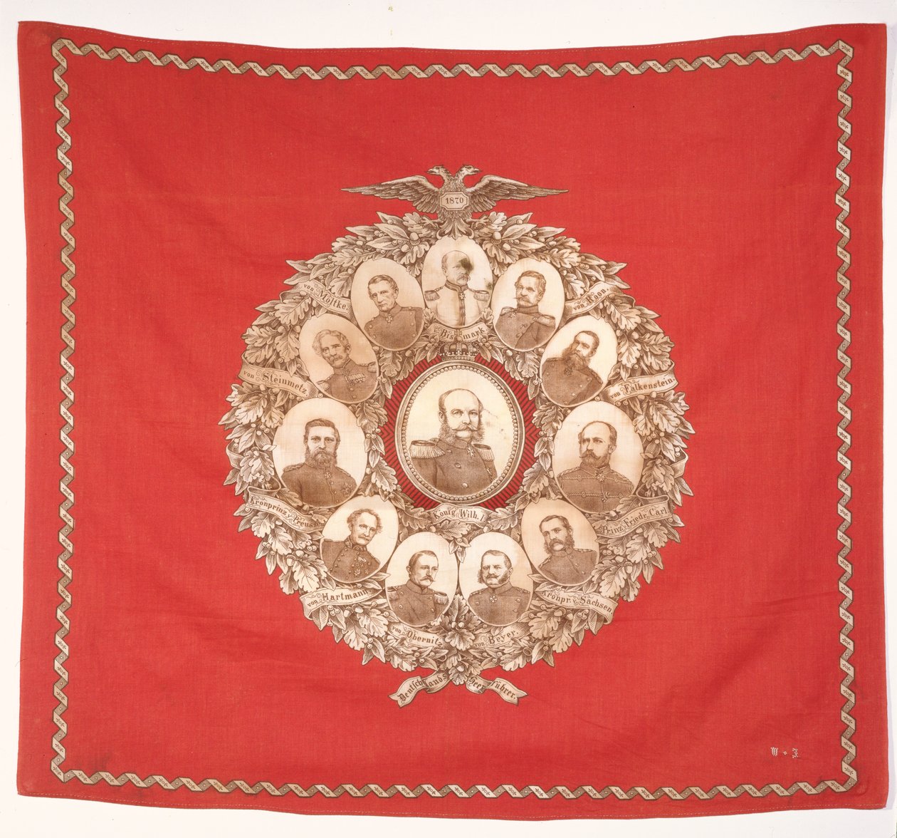 Pañuelo que representa al Emperador Alemán, Guillermo I (1797-1888) rodeado de Bismarck y mariscales victoriosos en celebración de la Guerra Franco-Prusiana, 1870 de German School