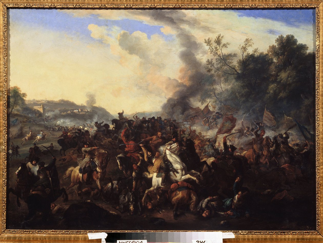 ""escena de batalla"" Jinetes y caballos amontonados durante una pelea. Pintura anónima de la escuela alemana. Museo de Arte Regional del Siglo XVII, Uzhhorod, Ucrania de German School