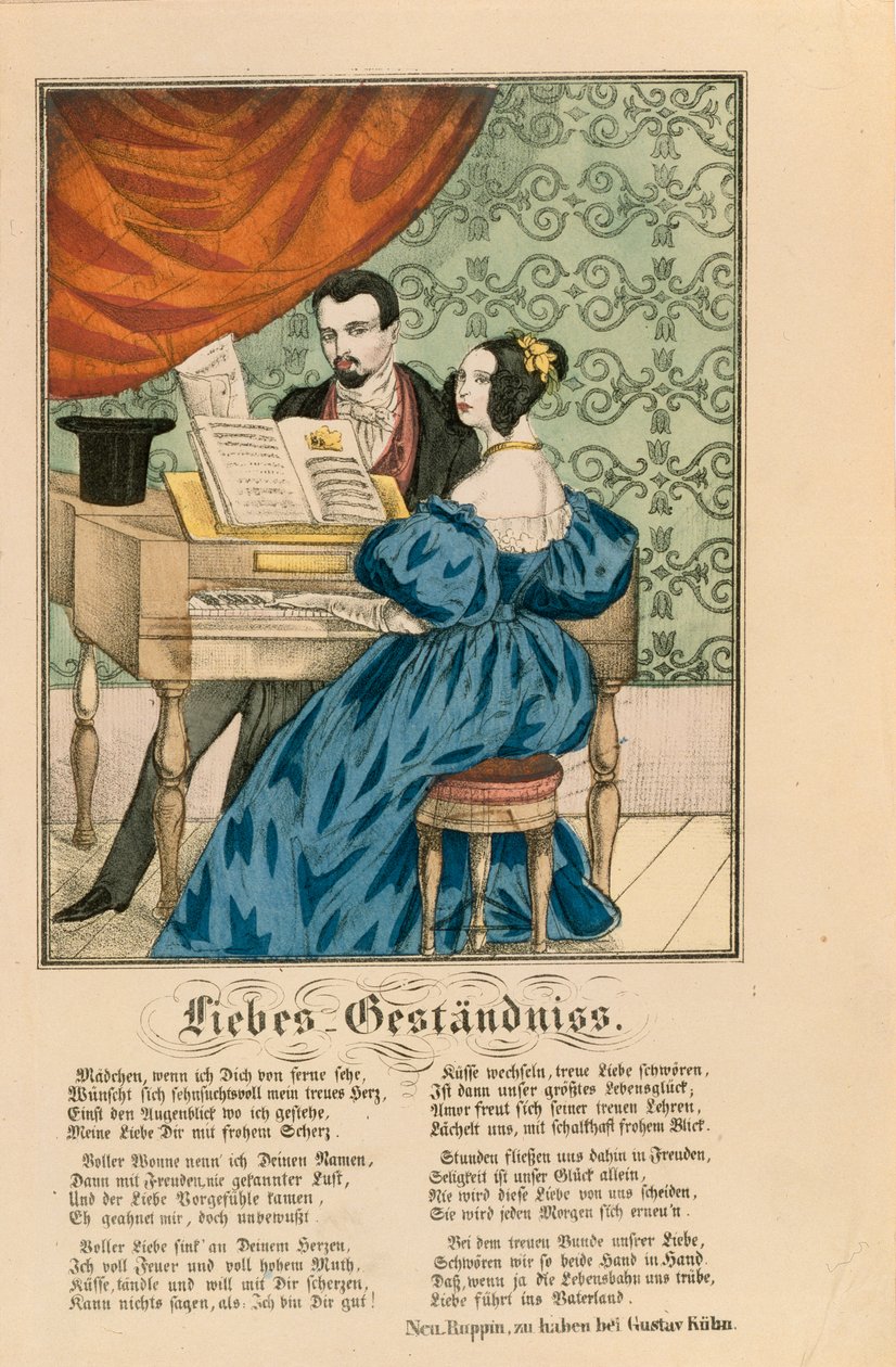 Escena que muestra a una pareja en el piano, con un poema de amor escrito debajo, de Neuruppiner Bilderbogen, 1850 de German School
