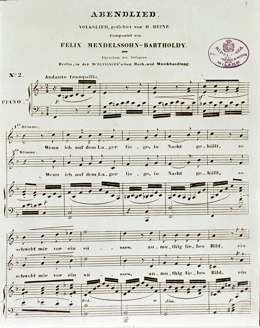 Página de partitura de Abendlied por Felix Mendelssohn de German School