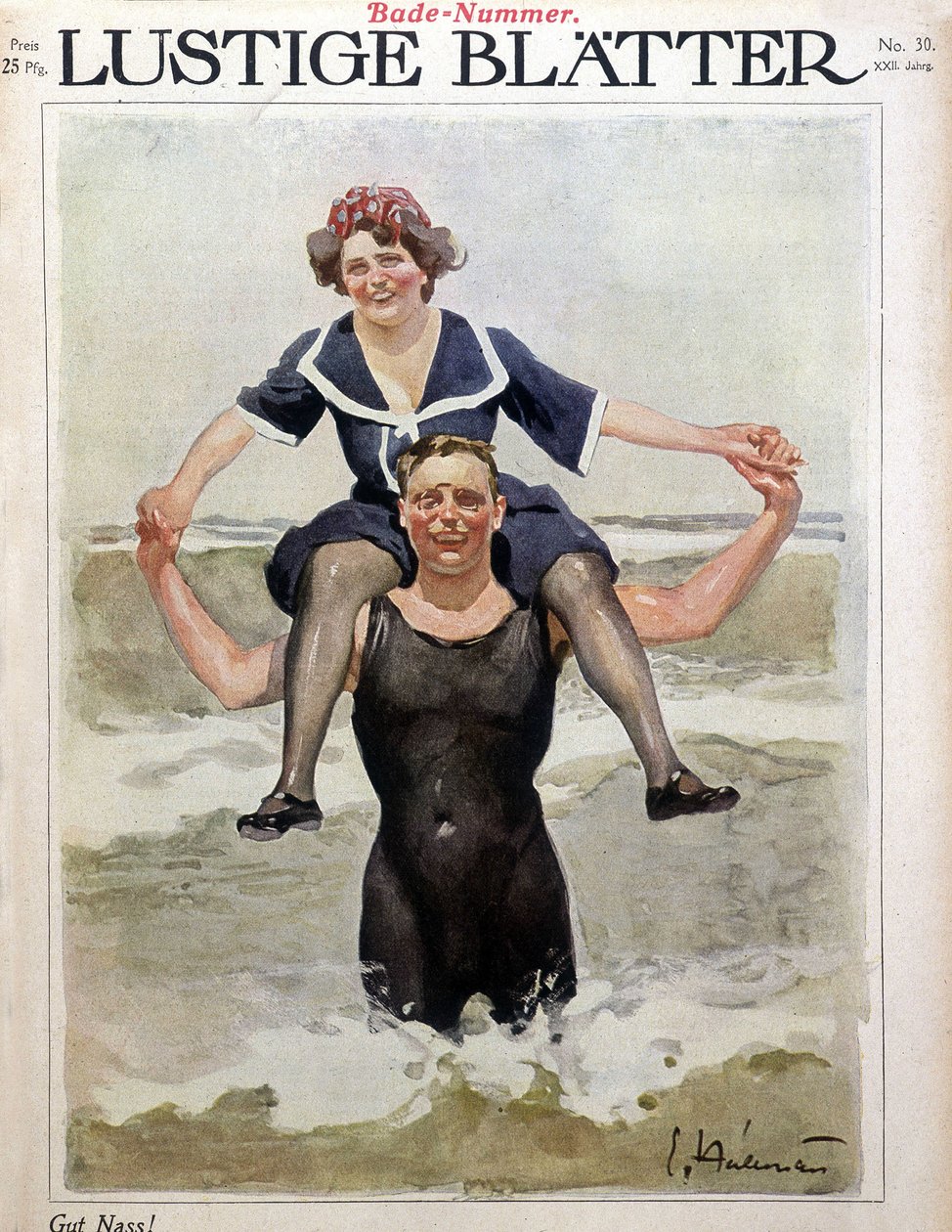 Baño de mar: una pareja en las olas - en "Lustige Blätter", s.f. de German School