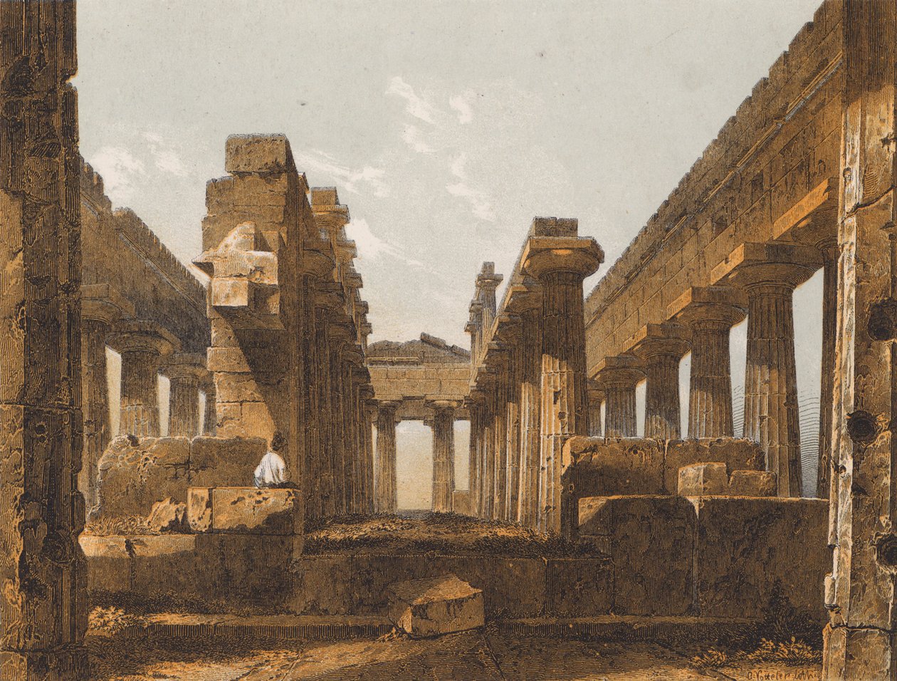 Segundo Templo de Hera, Paestum, Italia (litografía en color) de German School