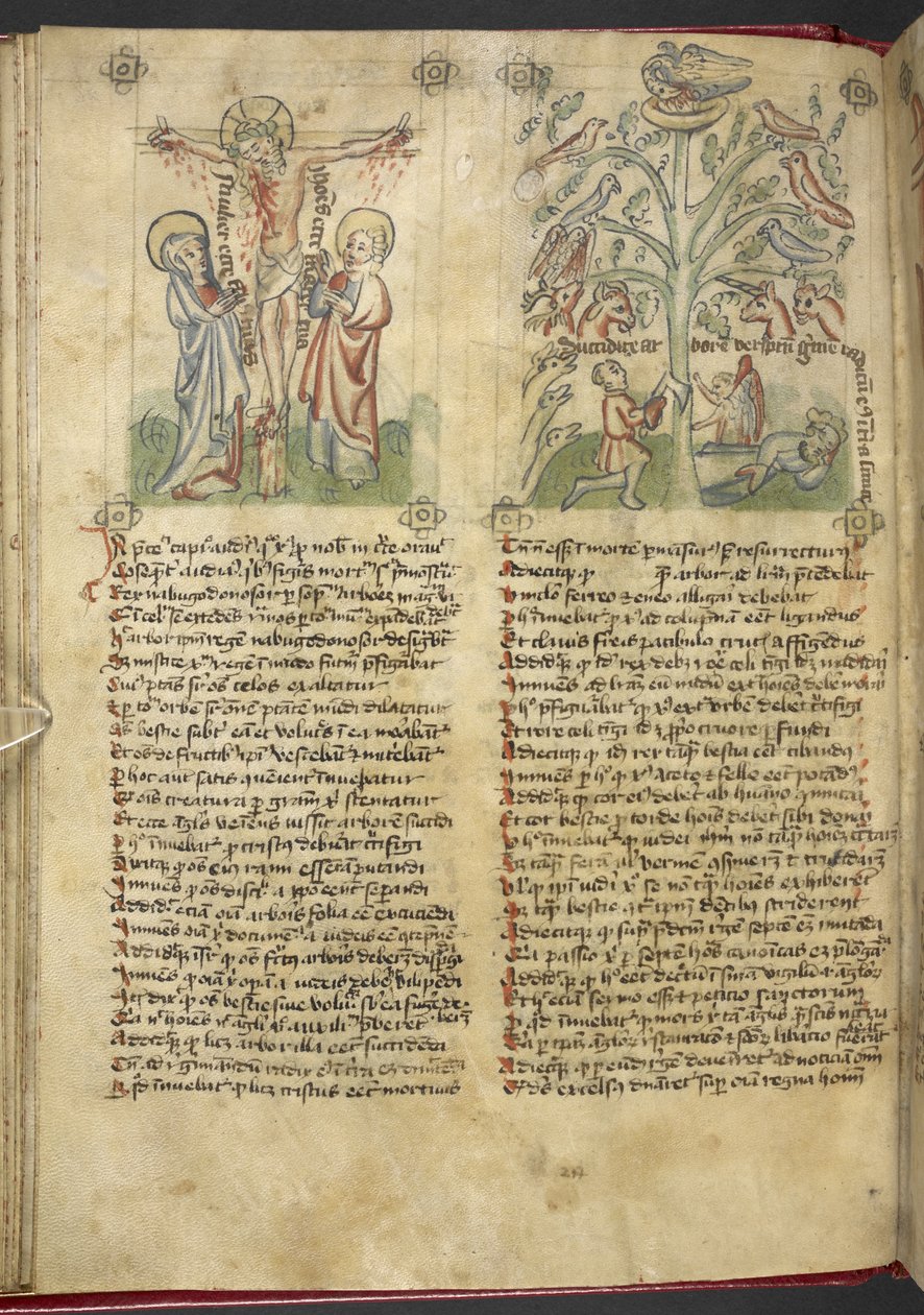 Sloane 361, f.26v Nabucodonosor ve un árbol en un sueño; la Crucifixión, de 