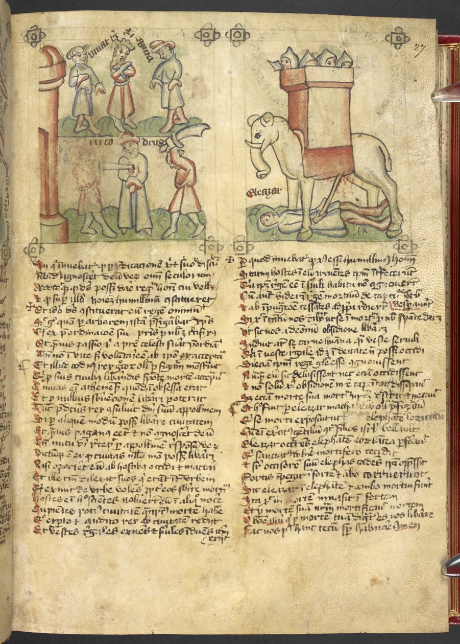 Sloane 361, f.27 El rey Codrus se entrega a sí mismo para que lo maten por su pueblo, y Eleazar Maccabeus apuñala al elefante y es aplastado por él, de 