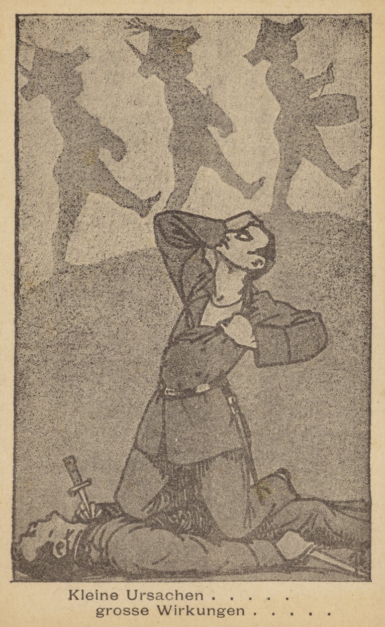 Pequeñas causas, grandes efectos. Ilustración alemana contra la guerra, publicada por WILPF (Liga Internacional de Mujeres por la Paz y la Libertad), finales de los años 20 (litografía). de German School