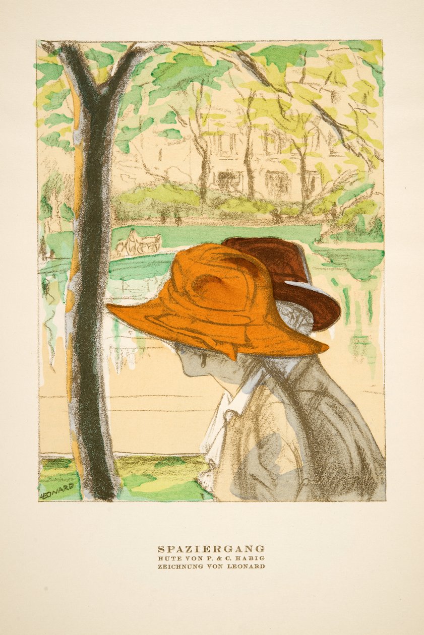 "Spaziergang", anuncio de sombreros de P  C Habig, de Styl, pub.1922 (impresión en pochoir) de German School