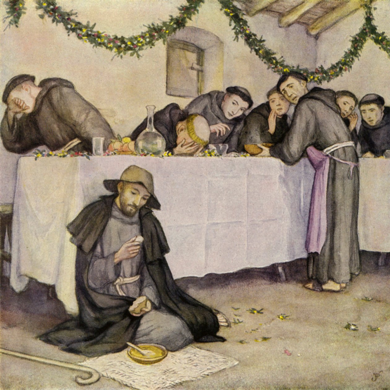 San Francisco y una lección de santa pobreza (litografía en color) de German School