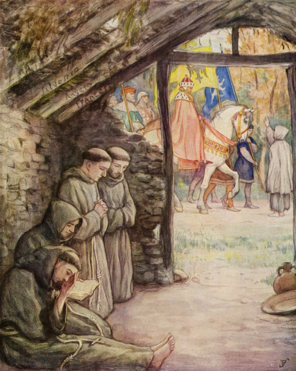 San Francisco y sus seguidores en el Santuario de Rivotorto (litografía en color) de German School