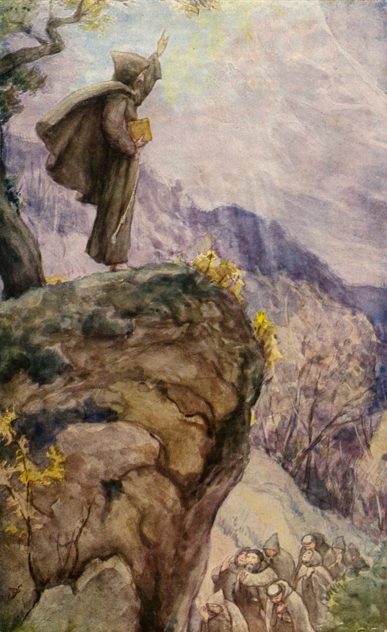 San Francisco pronunciando la segunda regla de la Orden Franciscana en Fonte Colombo (litografía en color) de German School