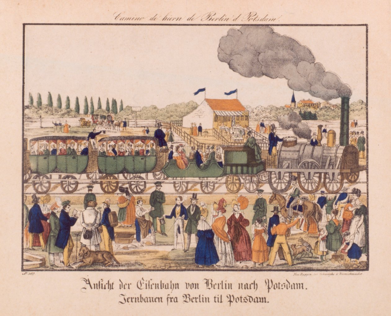 Ferrocarril de vapor entre Berlín y Potsdam, Neuruppiner Bilderbogen, c.1840 de German School