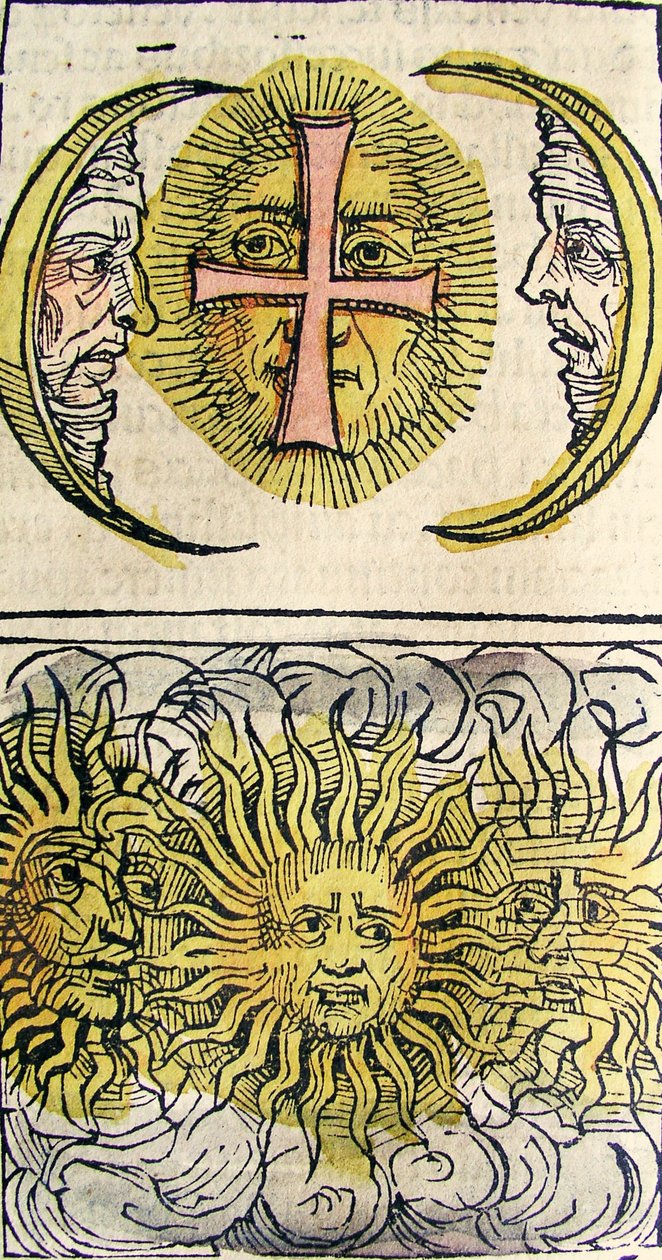 Parhelios y paraselenes, publicado en la Crónica de Núremberg, 1493 de German School