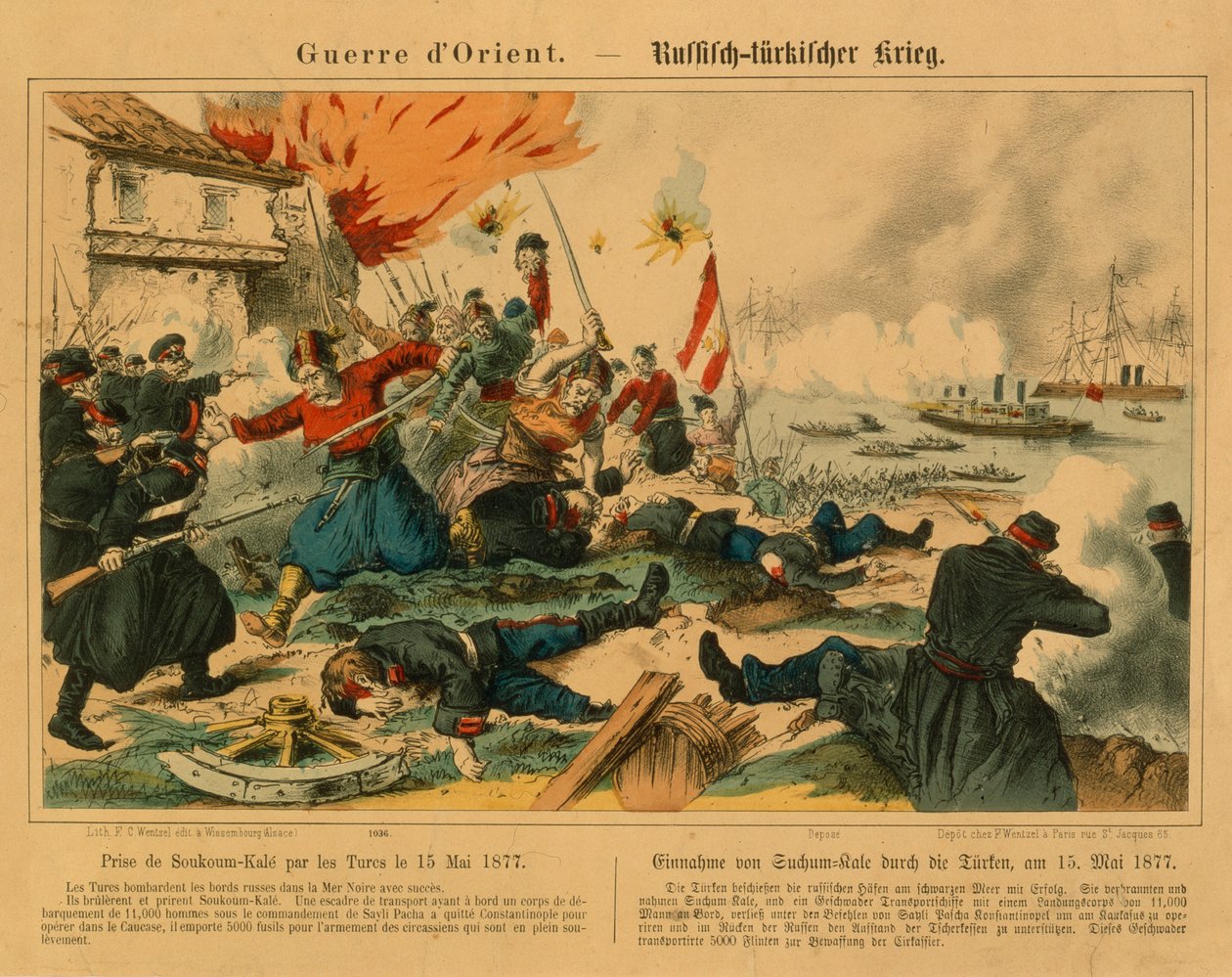 Toma de Suchum-Kale por los turcos durante la Guerra Ruso-Turca, 15 de mayo de 1877, publicada por F.C. Wentzel, Weissenburg, 1877 de German School