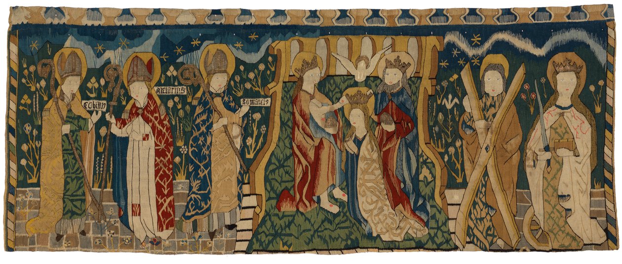 Antependio de tapiz que representa la Coronación de la Virgen entre tres santos obispos y dos santos, procedente de Alemania Media de German School